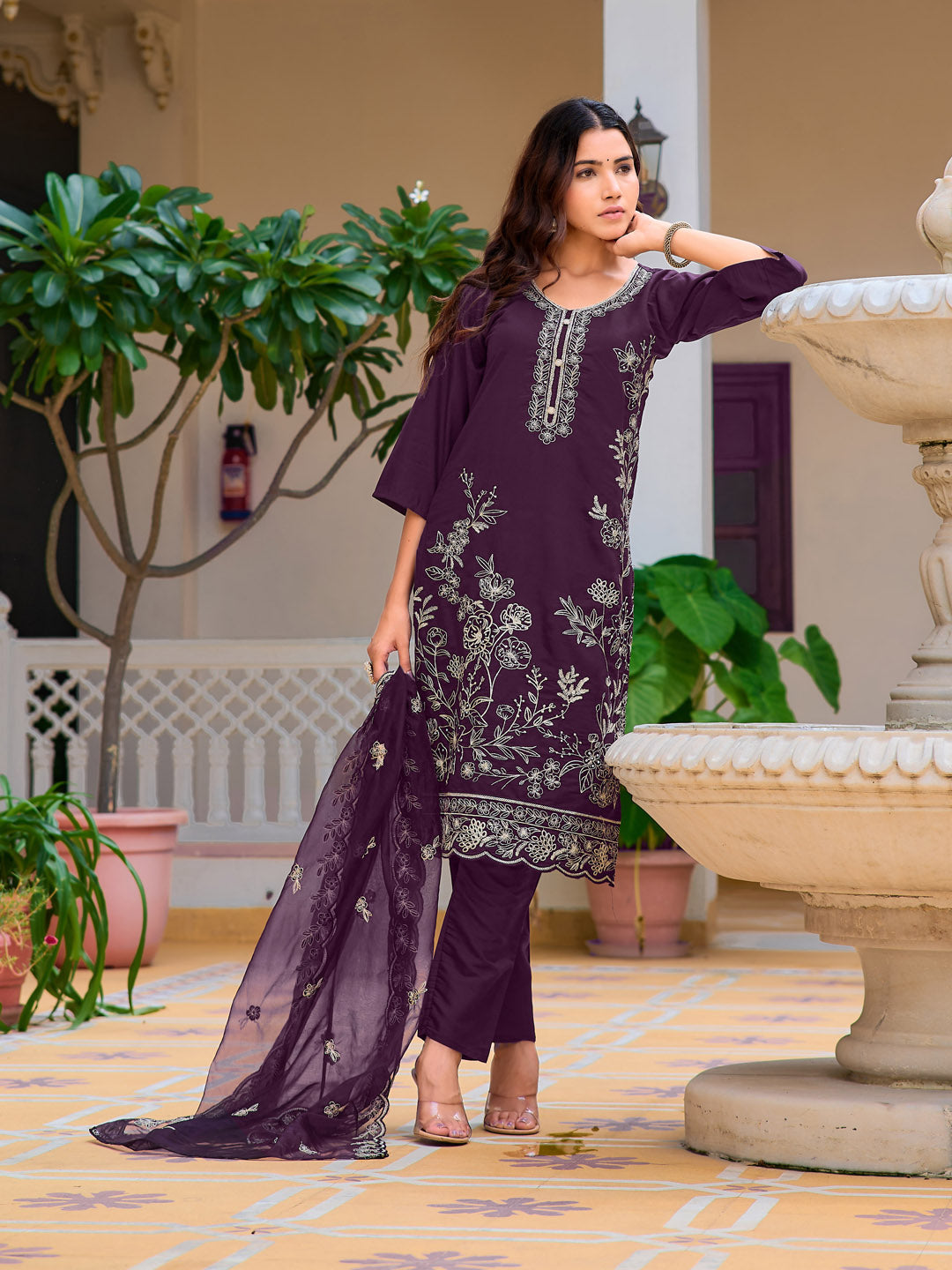 Hand Embroidered Kurta With Pant & Embroidered Cut Work Organza Dupatta, Wine - Hiral Fashion - Distacart