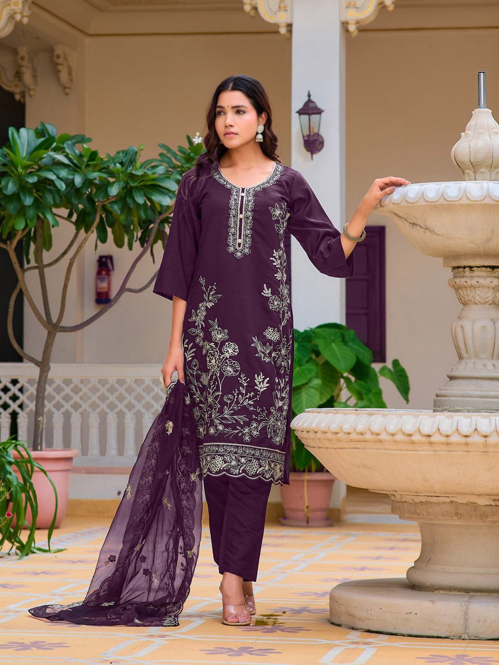 Hand Embroidered Kurta With Pant & Embroidered Cut Work Organza Dupatta, Wine - Hiral Fashion - Distacart