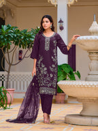 Hand Embroidered Kurta With Pant & Embroidered Cut Work Organza Dupatta, Wine - Hiral Fashion - Distacart