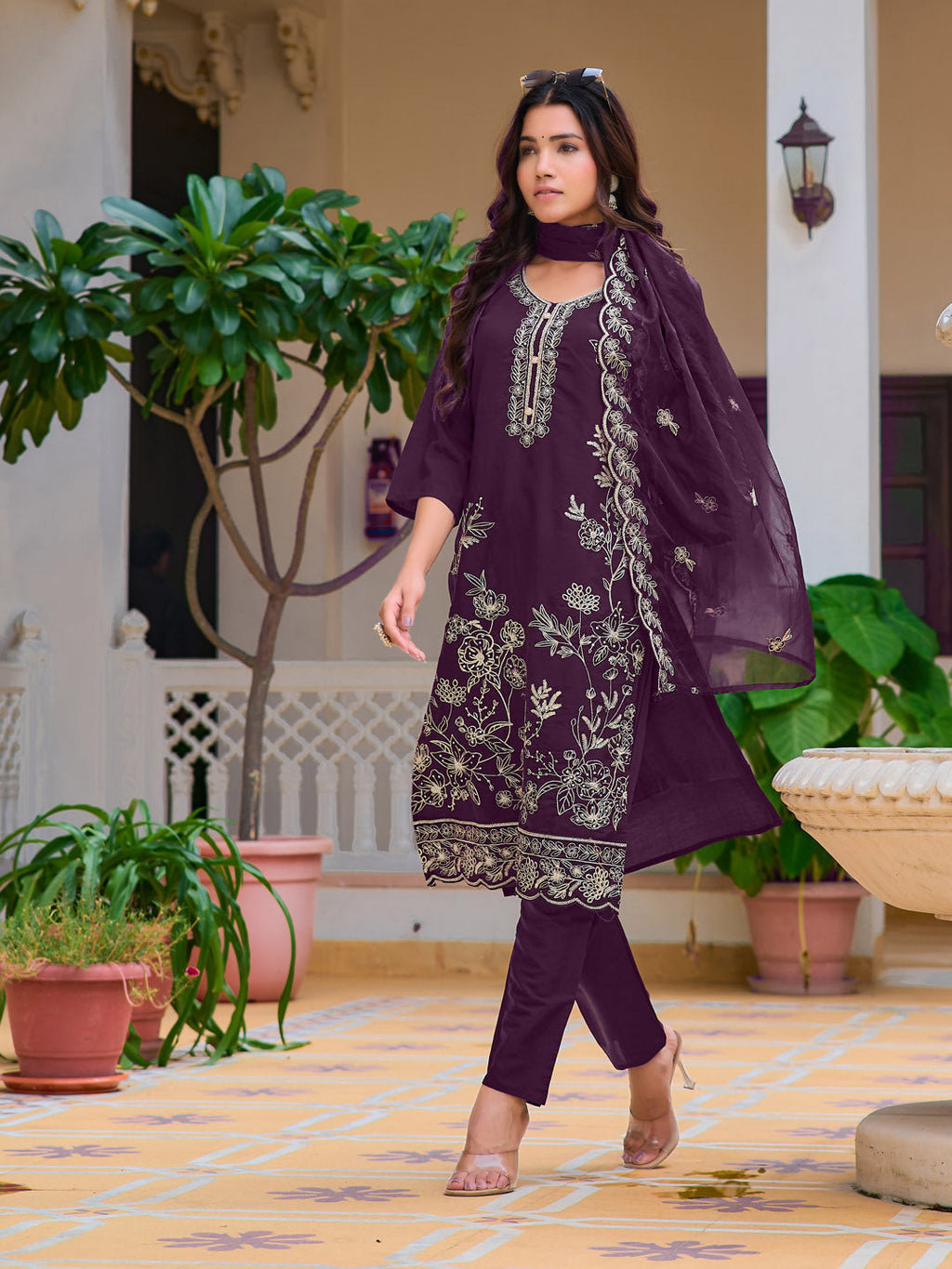 Hand Embroidered Kurta With Pant & Embroidered Cut Work Organza Dupatta, Wine - Hiral Fashion - Distacart