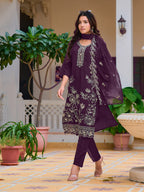 Hand Embroidered Kurta With Pant & Embroidered Cut Work Organza Dupatta, Wine - Hiral Fashion - Distacart