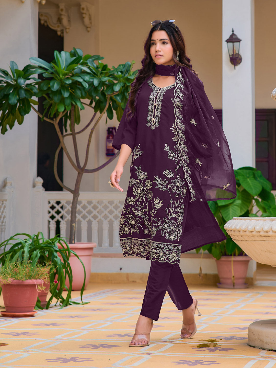 Hand Embroidered Kurta With Pant & Embroidered Cut Work Organza Dupatta, Wine - Hiral Fashion - Distacart