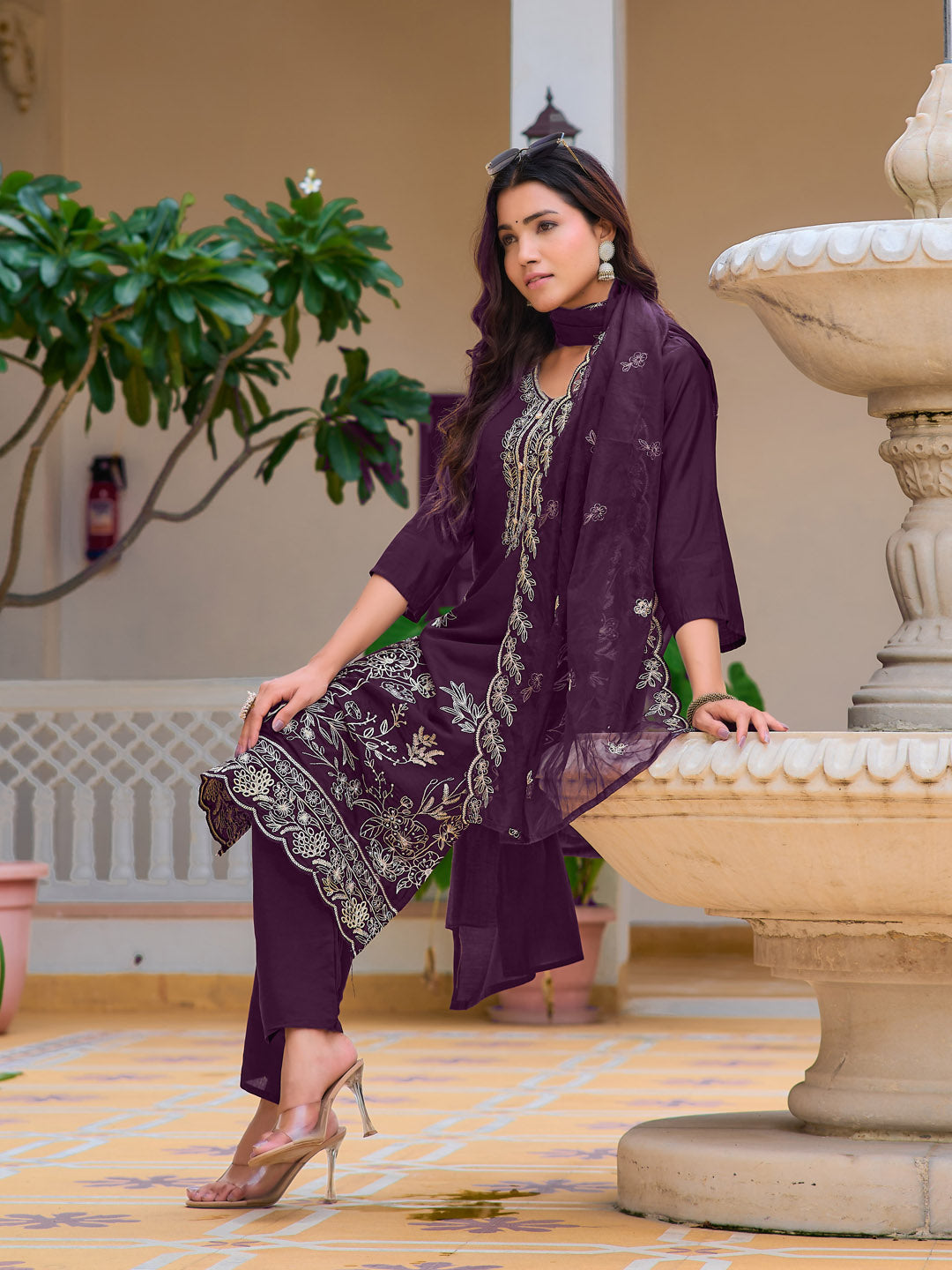 Hand Embroidered Kurta With Pant & Embroidered Cut Work Organza Dupatta, Wine - Hiral Fashion - Distacart