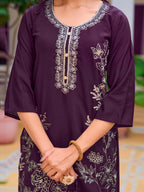 Hand Embroidered Kurta With Pant & Embroidered Cut Work Organza Dupatta, Wine - Hiral Fashion - Distacart