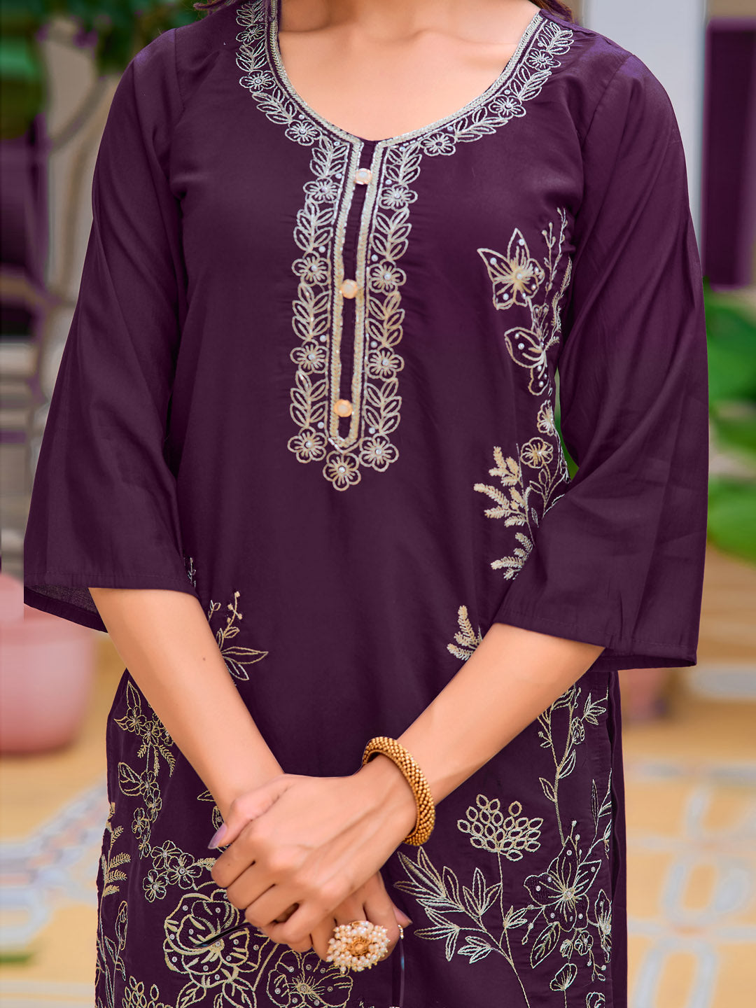 Hand Embroidered Kurta With Pant & Embroidered Cut Work Organza Dupatta, Wine - Hiral Fashion - Distacart