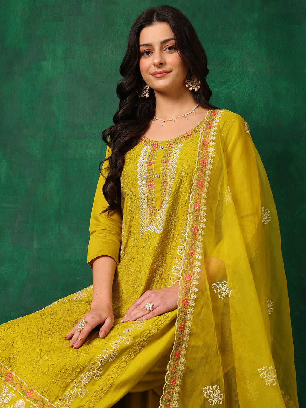 Embroidered Kurta With Pant & Embroidered Dupatta, Yellow - Hiral Fashion - Distacart