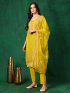 Embroidered Kurta With Pant & Embroidered Dupatta, Yellow - Hiral Fashion - Distacart