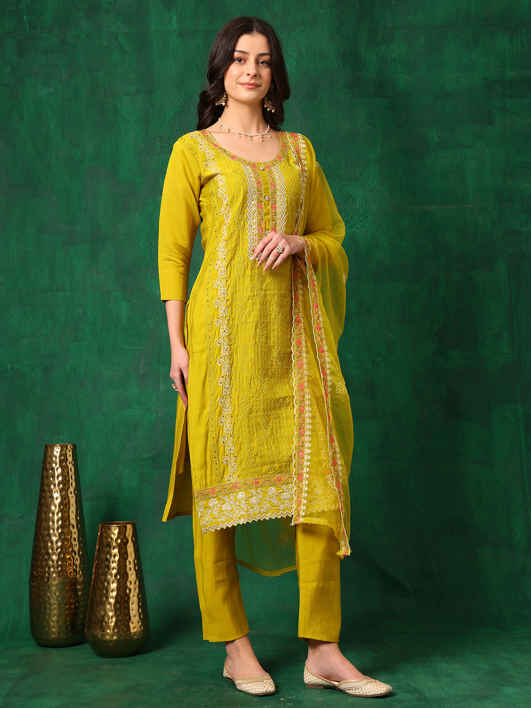 Embroidered Kurta With Pant & Embroidered Dupatta, Yellow - Hiral Fashion - Distacart