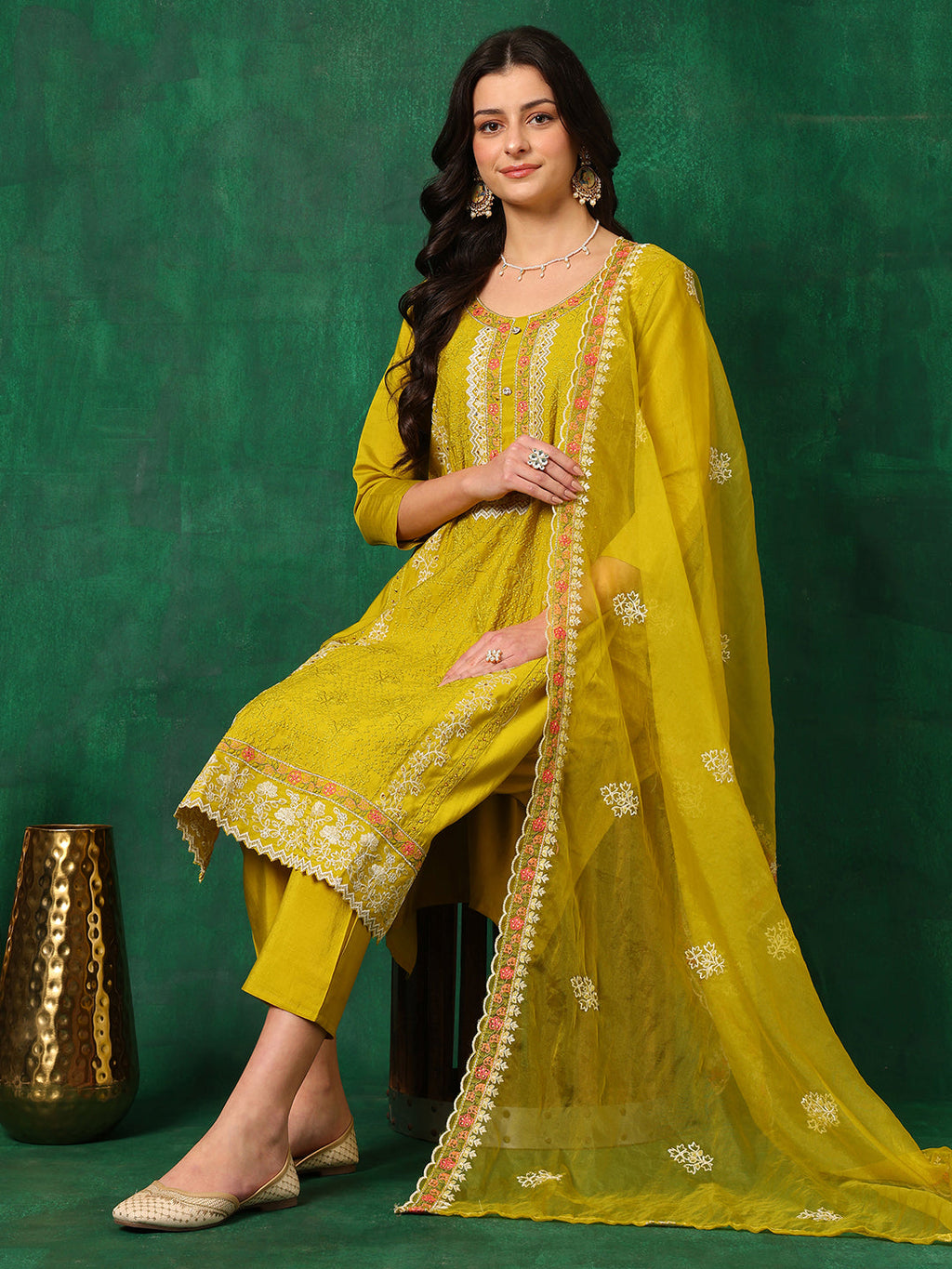 Embroidered Kurta With Pant & Embroidered Dupatta, Yellow - Hiral Fashion - Distacart