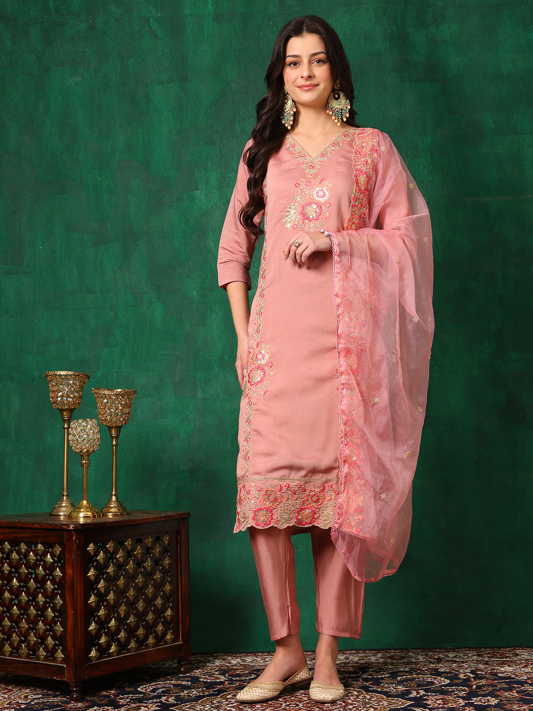 Embroidered Kurta With Pant & Embroidered Dupatta, Pink - Hiral Fashion - Distacart