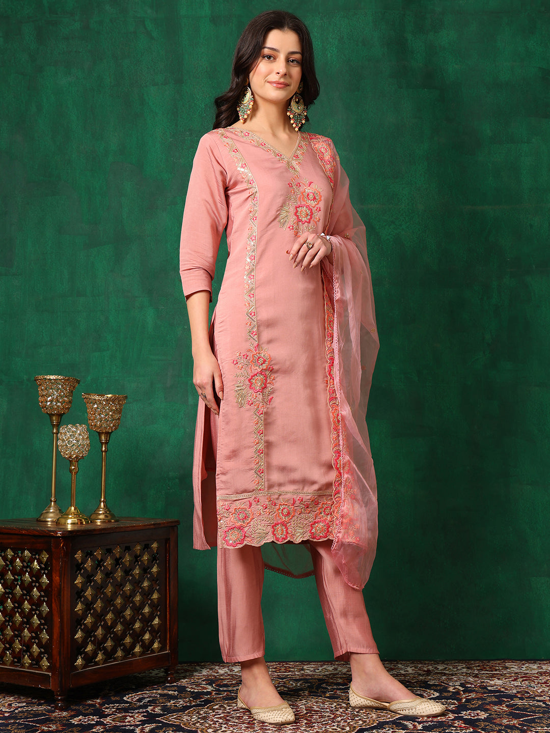 Embroidered Kurta With Pant & Embroidered Dupatta, Pink - Hiral Fashion - Distacart