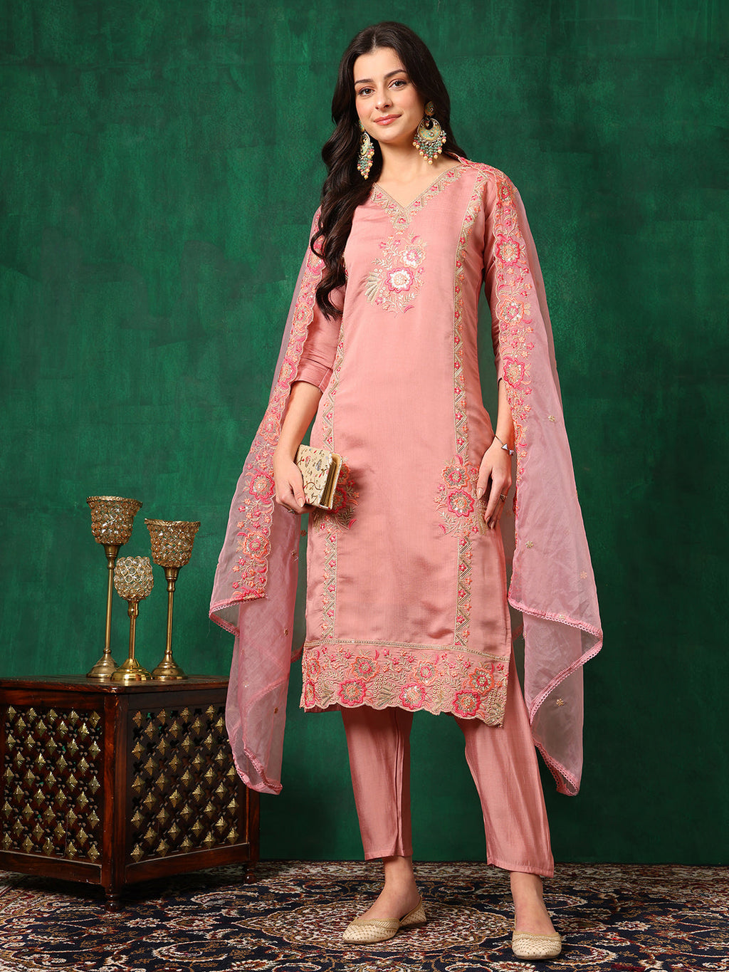Embroidered Kurta With Pant & Embroidered Dupatta, Pink - Hiral Fashion - Distacart