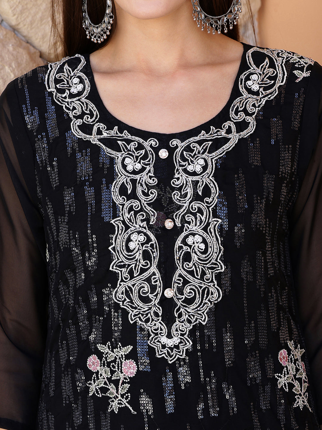 Pakistani Sequined Embroidered Kurta With Pant & Dupatta, Black - Hiral Fashion - Distacart