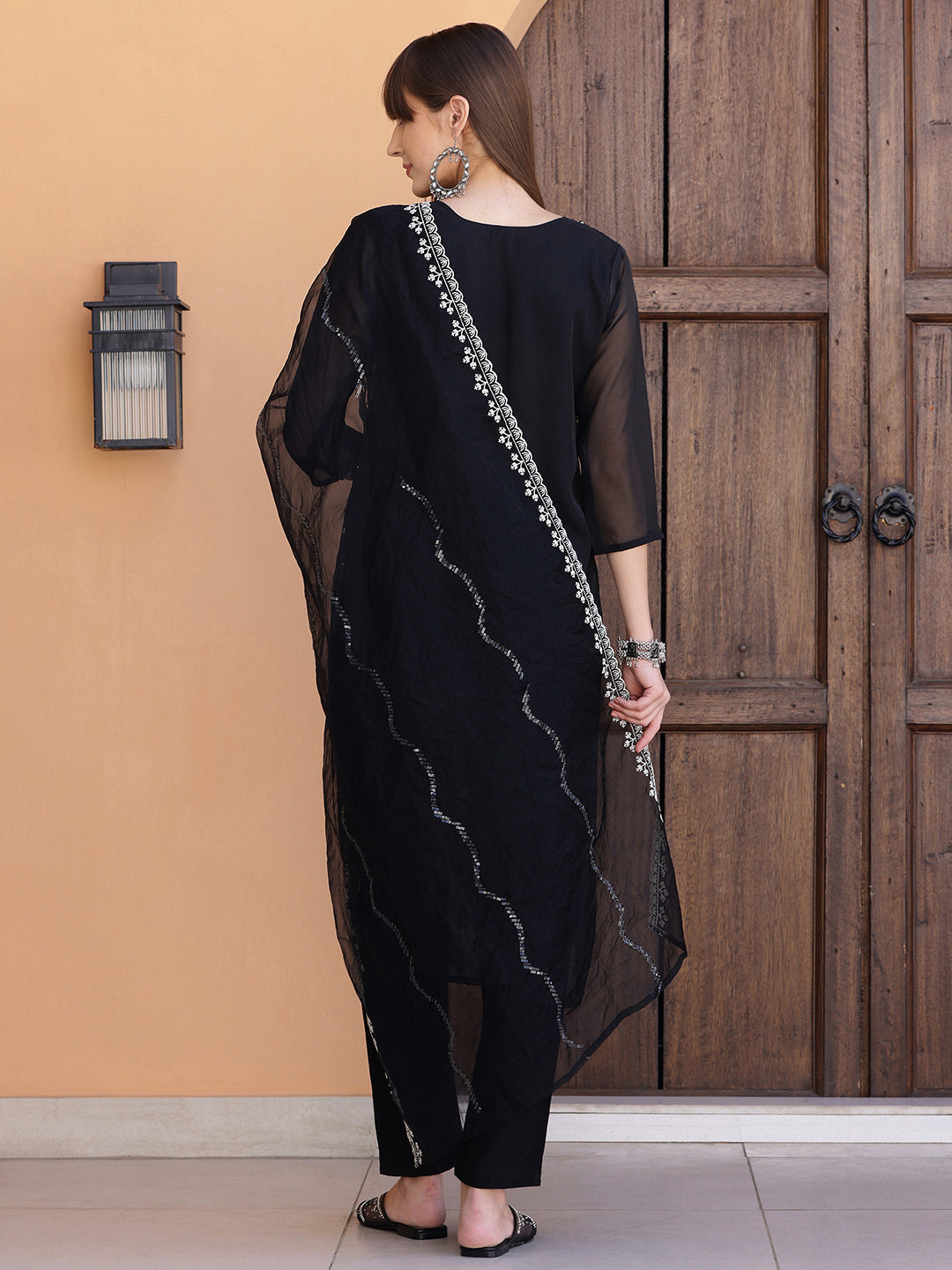 Pakistani Sequined Embroidered Kurta With Pant & Dupatta, Black - Hiral Fashion - Distacart