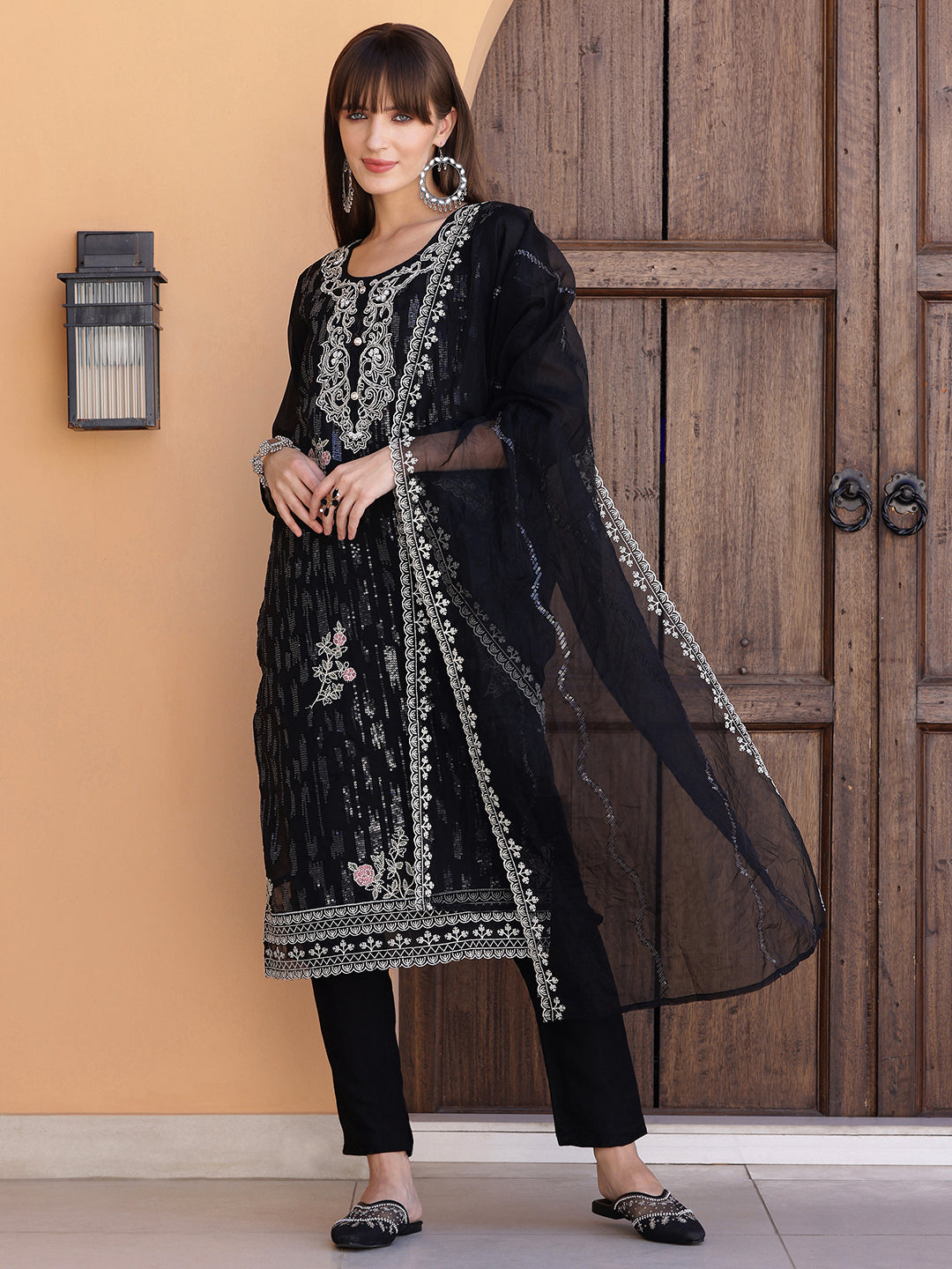 Pakistani Sequined Embroidered Kurta With Pant & Dupatta, Black - Hiral Fashion - Distacart