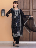 Pakistani Sequined Embroidered Kurta With Pant & Dupatta, Black - Hiral Fashion - Distacart