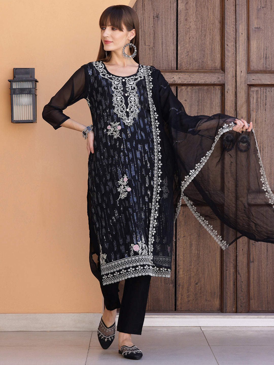 Pakistani Sequined Embroidered Kurta With Pant & Dupatta, Black - Hiral Fashion - Distacart