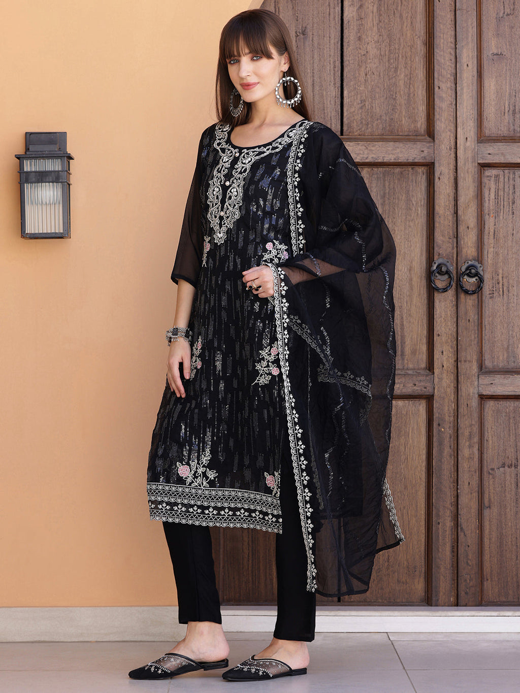 Pakistani Sequined Embroidered Kurta With Pant & Dupatta, Black - Hiral Fashion - Distacart