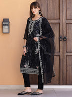Pakistani Sequined Embroidered Kurta With Pant & Dupatta, Black - Hiral Fashion - Distacart