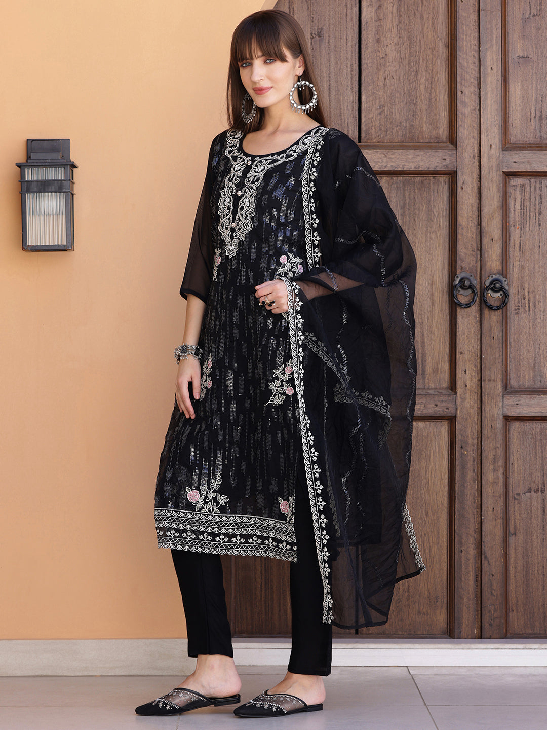 Pakistani Sequined Embroidered Kurta With Pant & Dupatta, Black - Hiral Fashion - Distacart