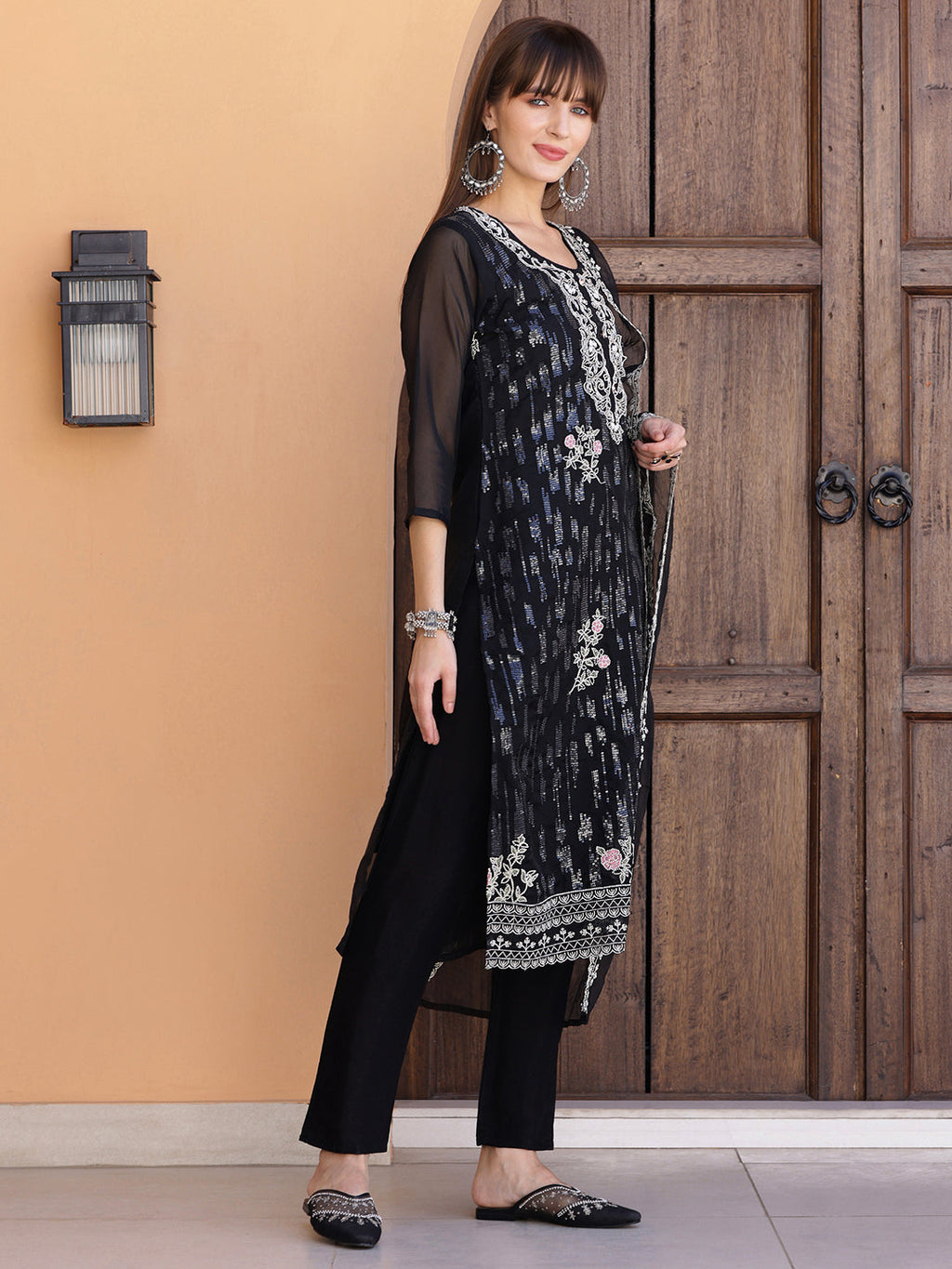 Pakistani Sequined Embroidered Kurta With Pant & Dupatta, Black - Hiral Fashion - Distacart