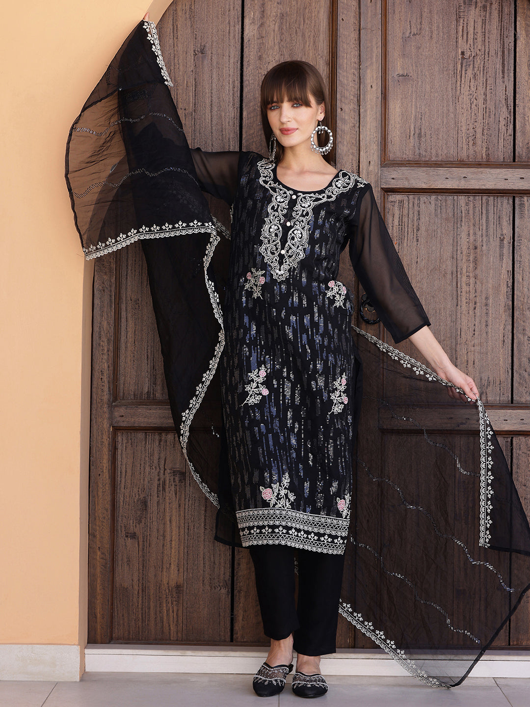 Pakistani Sequined Embroidered Kurta With Pant & Dupatta, Black - Hiral Fashion - Distacart