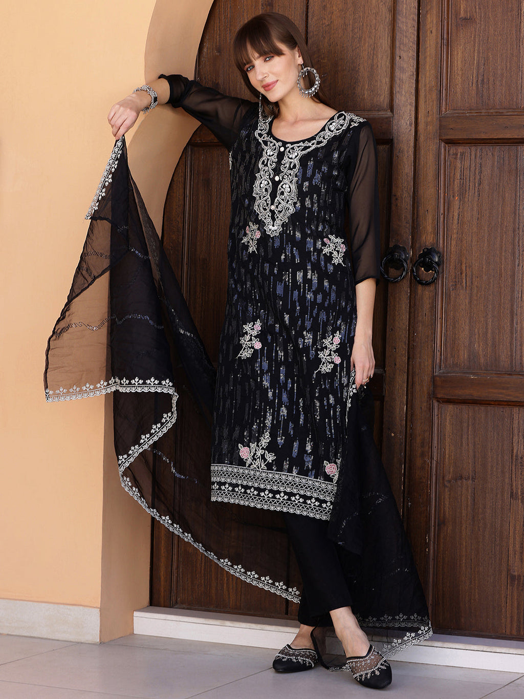 Pakistani Sequined Embroidered Kurta With Pant & Dupatta, Black - Hiral Fashion - Distacart
