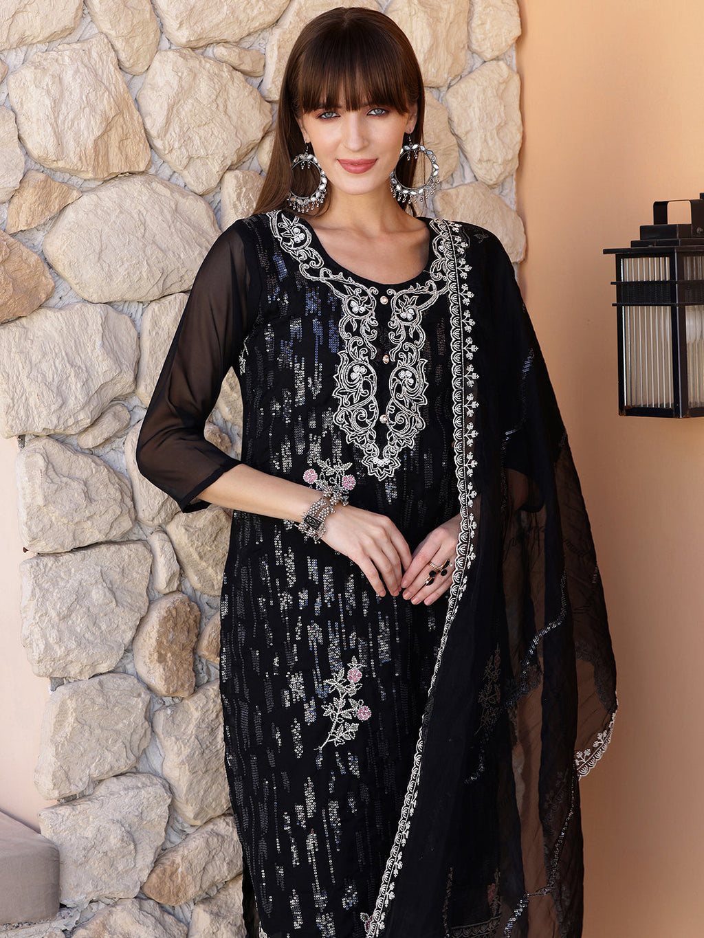 Pakistani Sequined Embroidered Kurta With Pant & Dupatta, Black - Hiral Fashion - Distacart