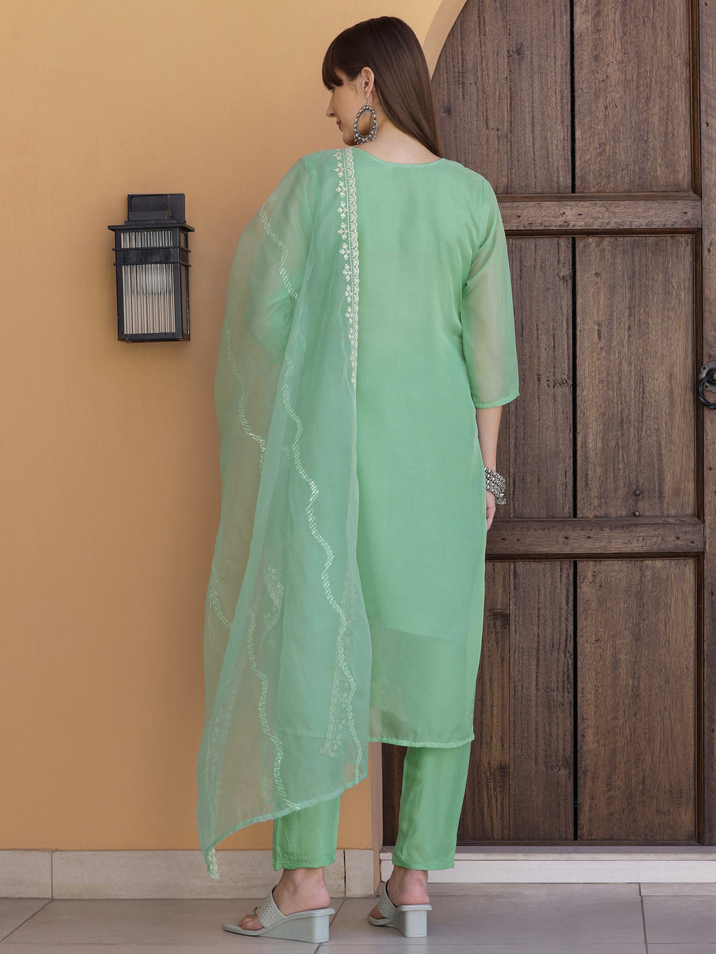 Pakistani Sequined Embroidered Kurta With Pant & Dupatta, Green - Hiral Fashion - Distacart