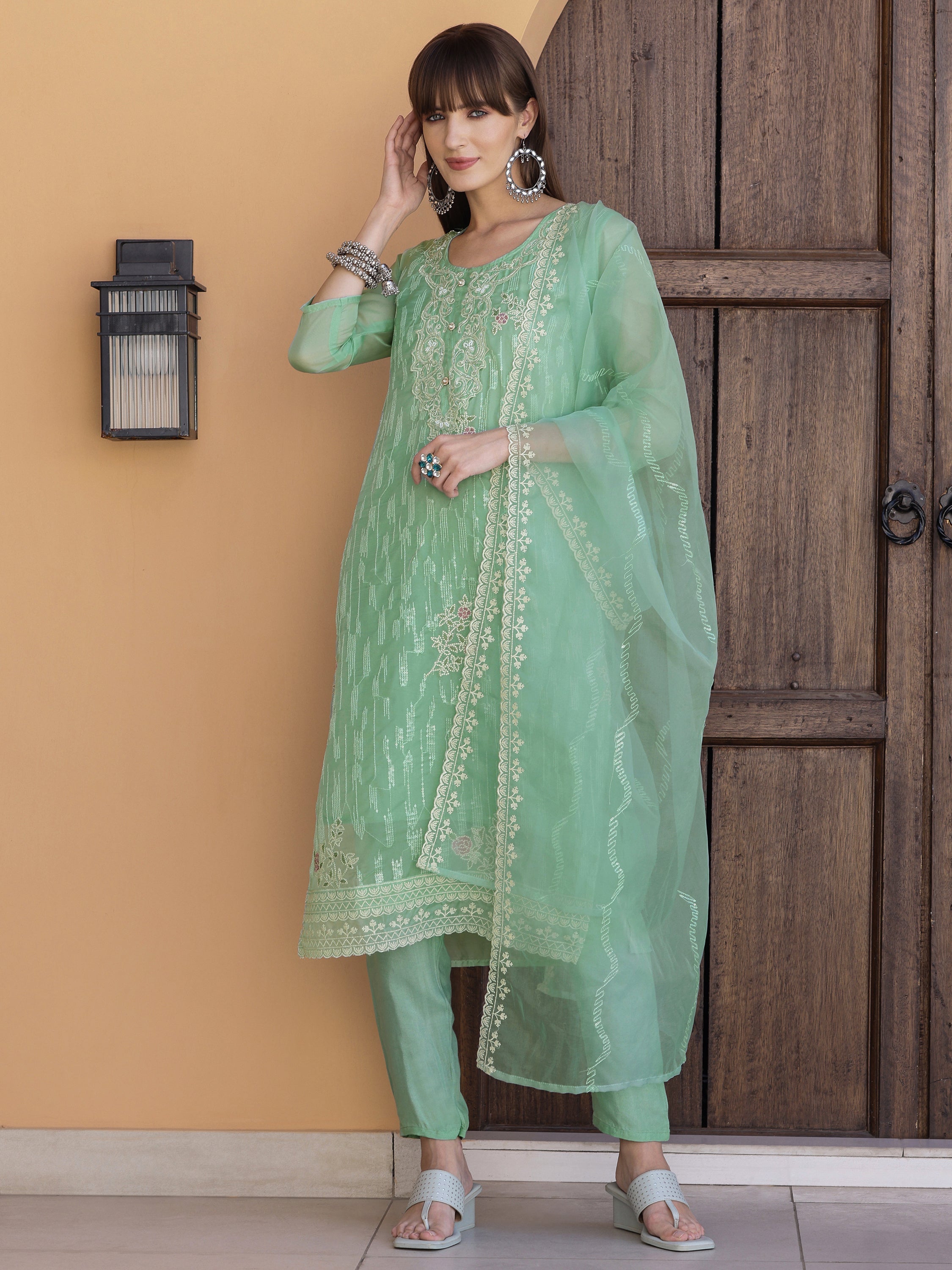 Pakistani Sequined Embroidered Kurta With Pant & Dupatta, Green - Hiral Fashion - Distacart