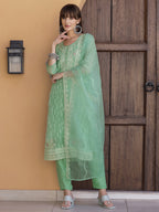 Pakistani Sequined Embroidered Kurta With Pant & Dupatta, Green - Hiral Fashion - Distacart