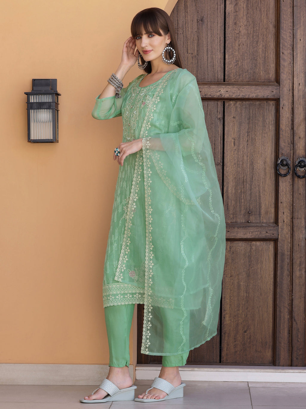 Pakistani Sequined Embroidered Kurta With Pant & Dupatta, Green - Hiral Fashion - Distacart