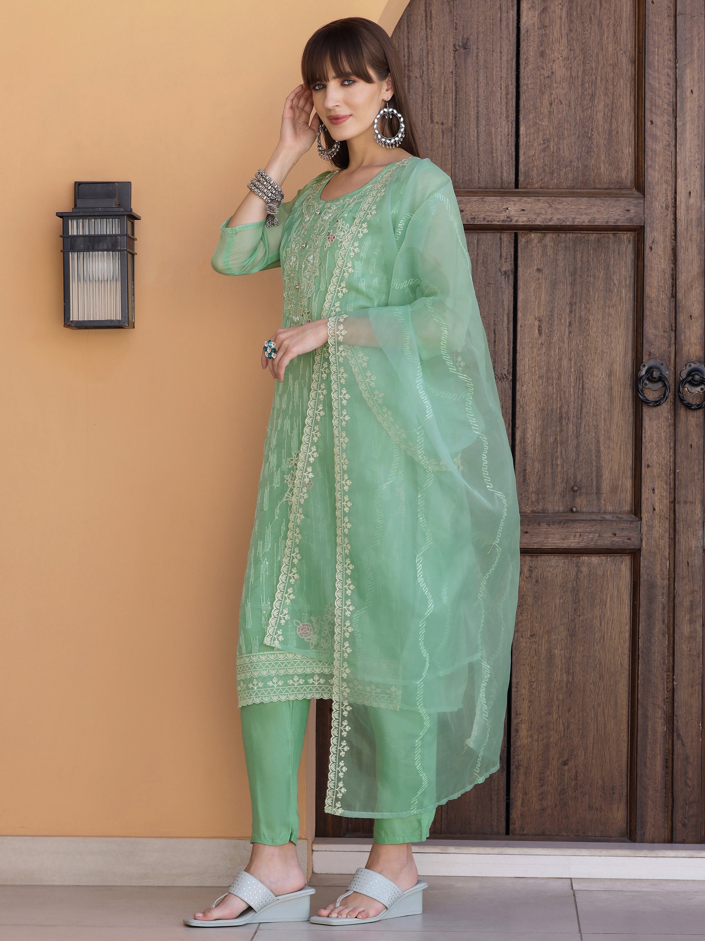 Pakistani Sequined Embroidered Kurta With Pant & Dupatta, Green - Hiral Fashion - Distacart