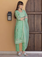 Pakistani Sequined Embroidered Kurta With Pant & Dupatta, Green - Hiral Fashion - Distacart