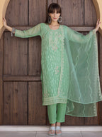 Pakistani Sequined Embroidered Kurta With Pant & Dupatta, Green - Hiral Fashion - Distacart