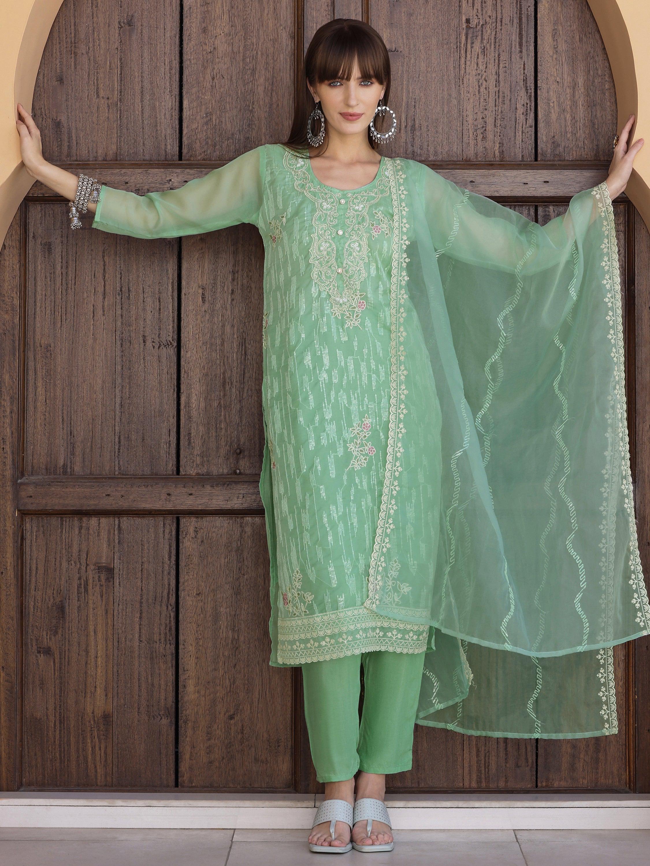 Pakistani Sequined Embroidered Kurta With Pant & Dupatta, Green - Hiral Fashion - Distacart
