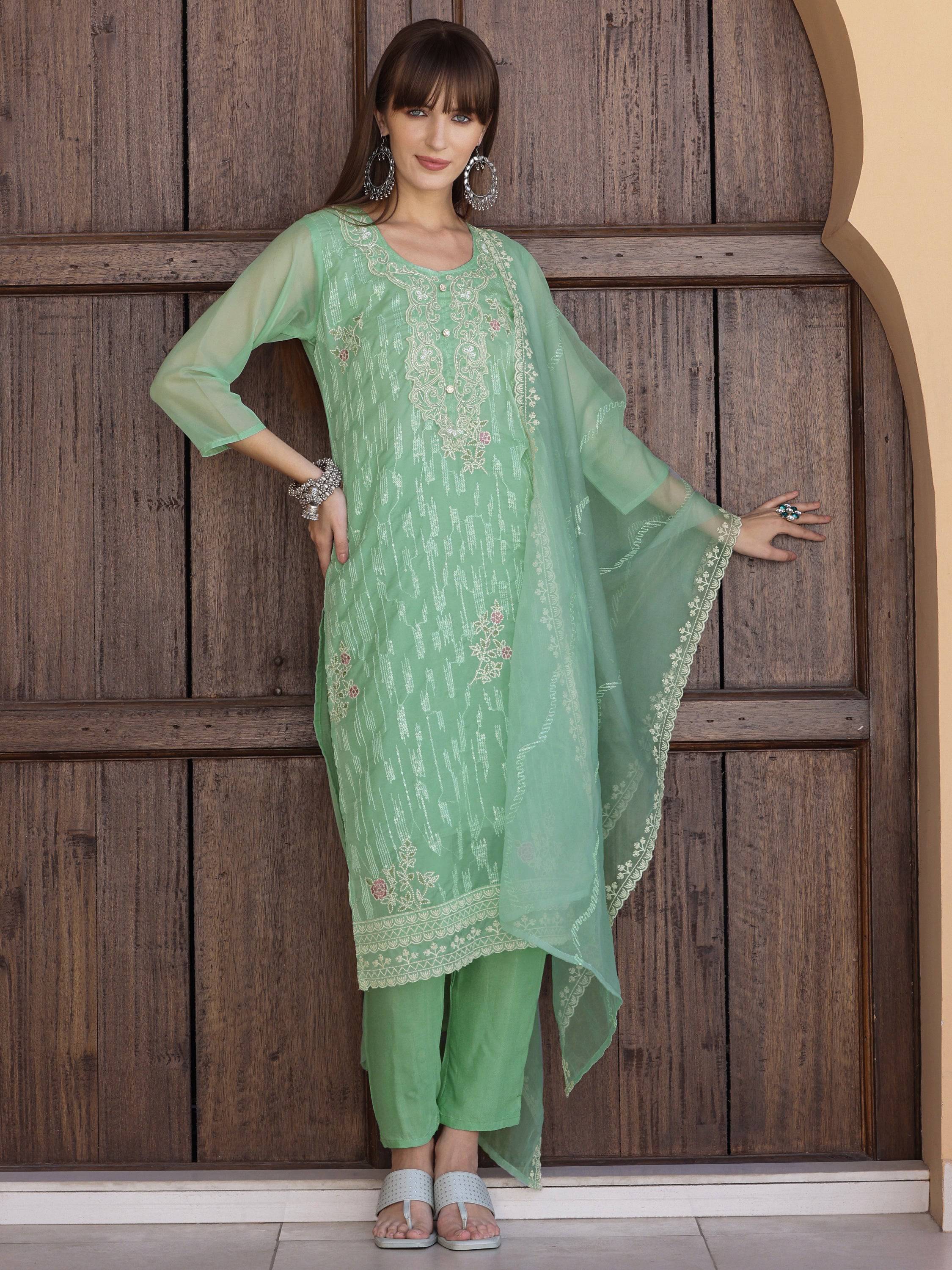 Pakistani Sequined Embroidered Kurta With Pant & Dupatta, Green - Hiral Fashion - Distacart