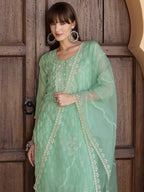 Pakistani Sequined Embroidered Kurta With Pant & Dupatta, Green - Hiral Fashion - Distacart