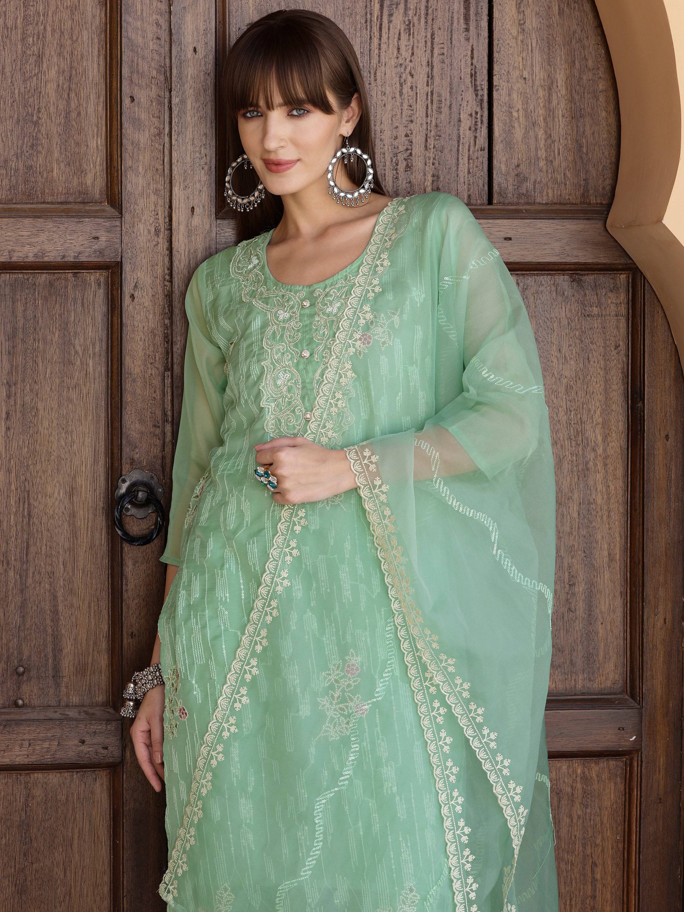 Pakistani Sequined Embroidered Kurta With Pant & Dupatta, Green - Hiral Fashion - Distacart