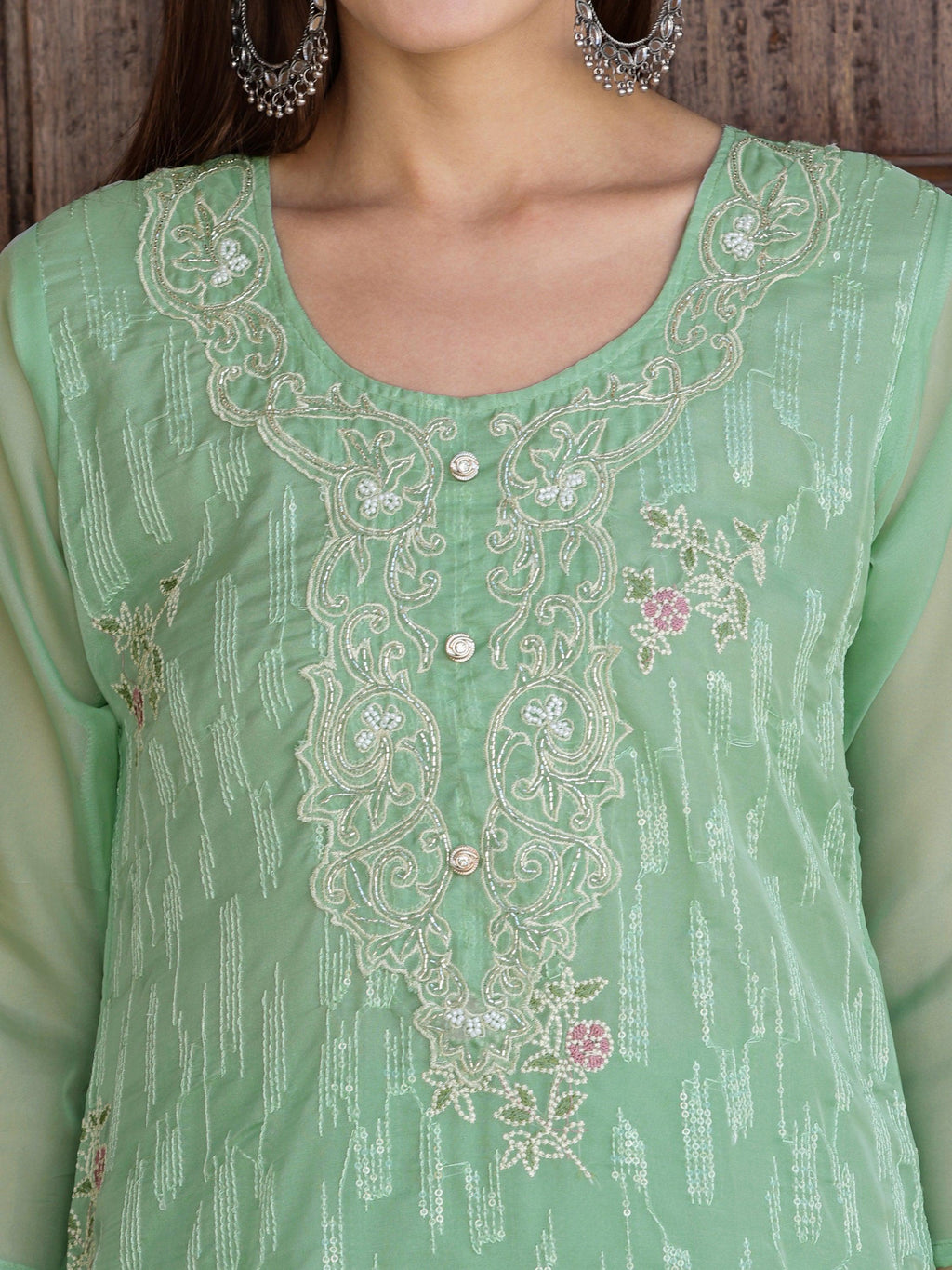 Pakistani Sequined Embroidered Kurta With Pant & Dupatta, Green - Hiral Fashion - Distacart
