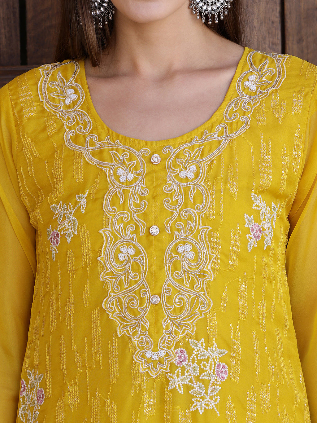 Pakistani Sequined Embroidered Kurta With Pant & Dupatta, Yellow - Hiral Fashion - Distacart