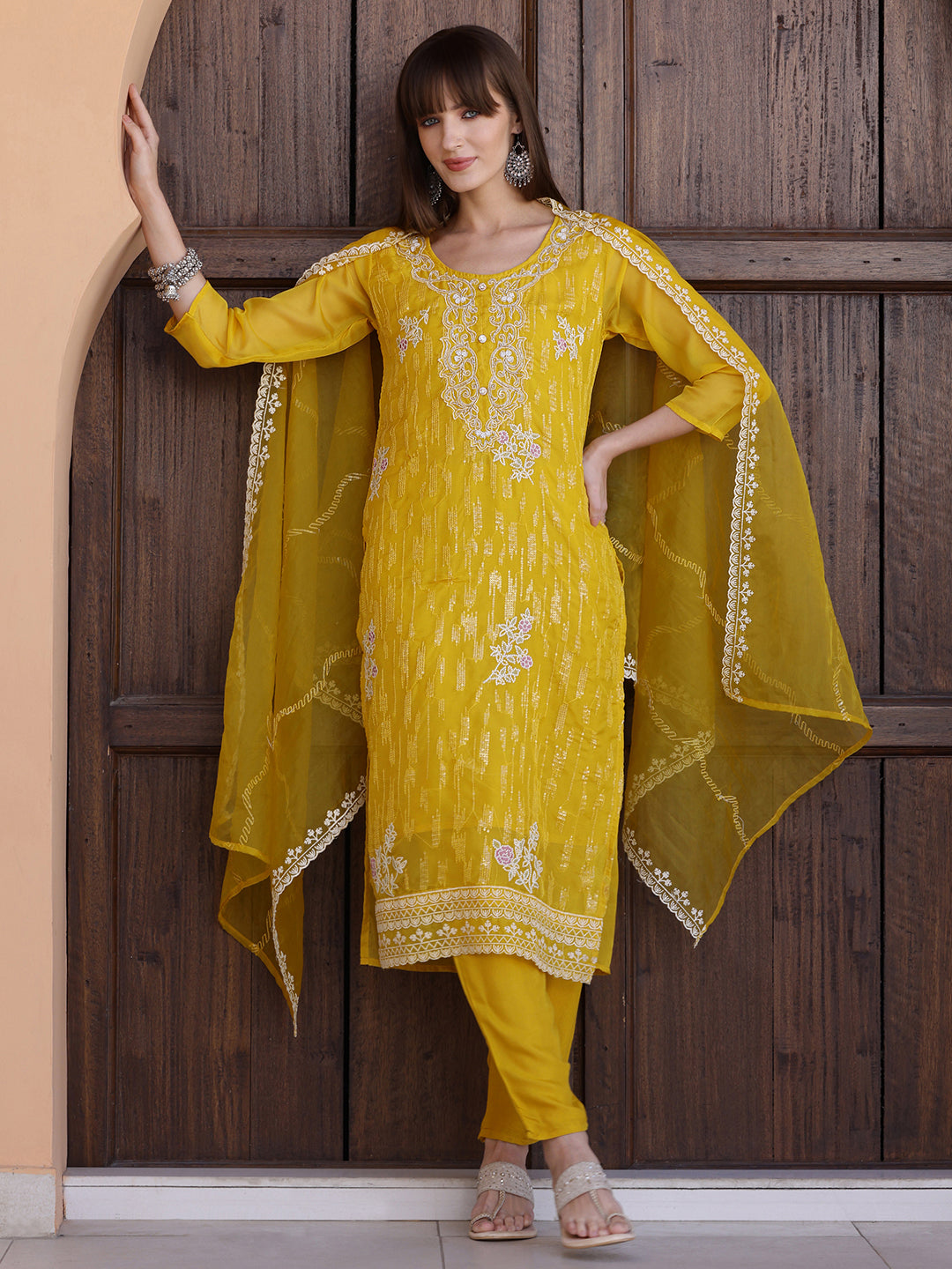 Pakistani Sequined Embroidered Kurta With Pant & Dupatta, Yellow - Hiral Fashion - Distacart