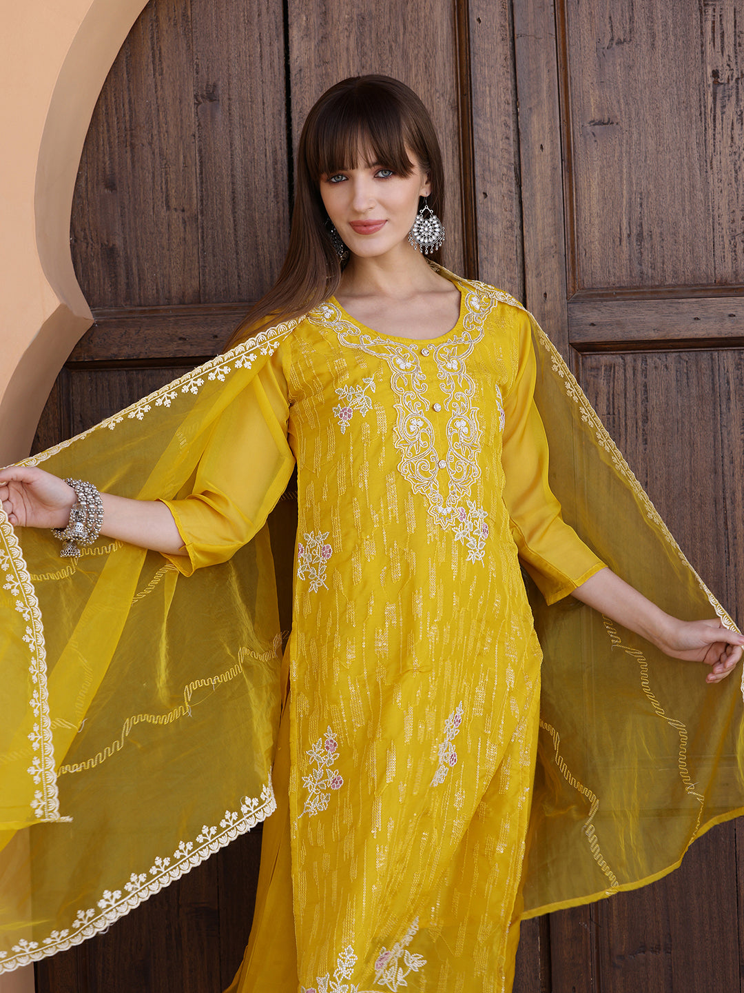 Pakistani Sequined Embroidered Kurta With Pant & Dupatta, Yellow - Hiral Fashion - Distacart