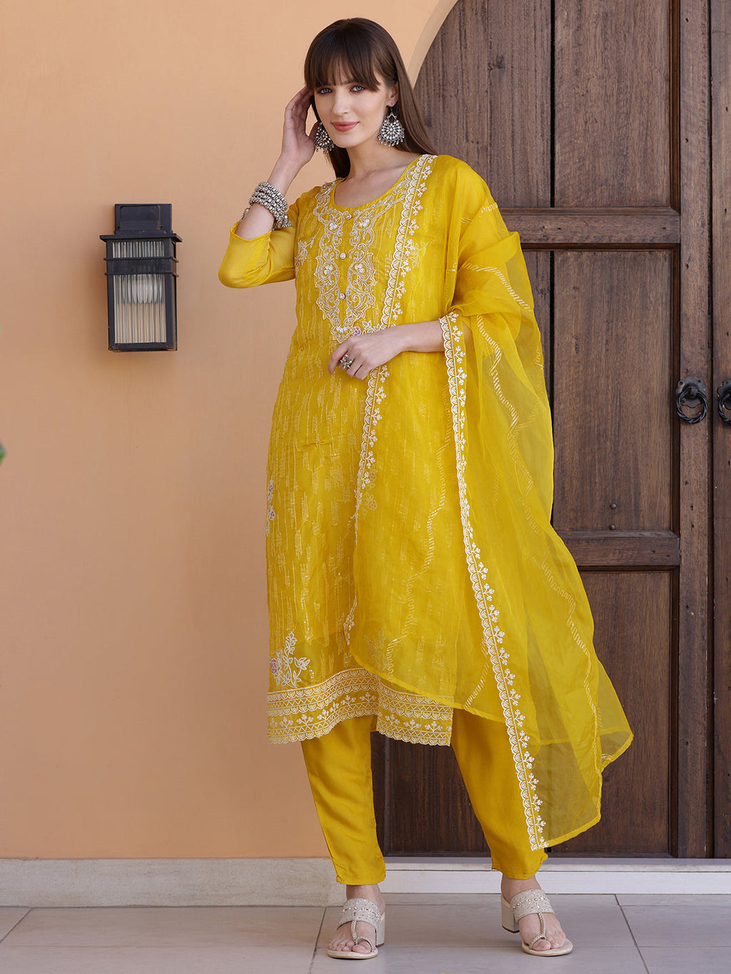 Pakistani Sequined Embroidered Kurta With Pant & Dupatta, Yellow - Hiral Fashion - Distacart