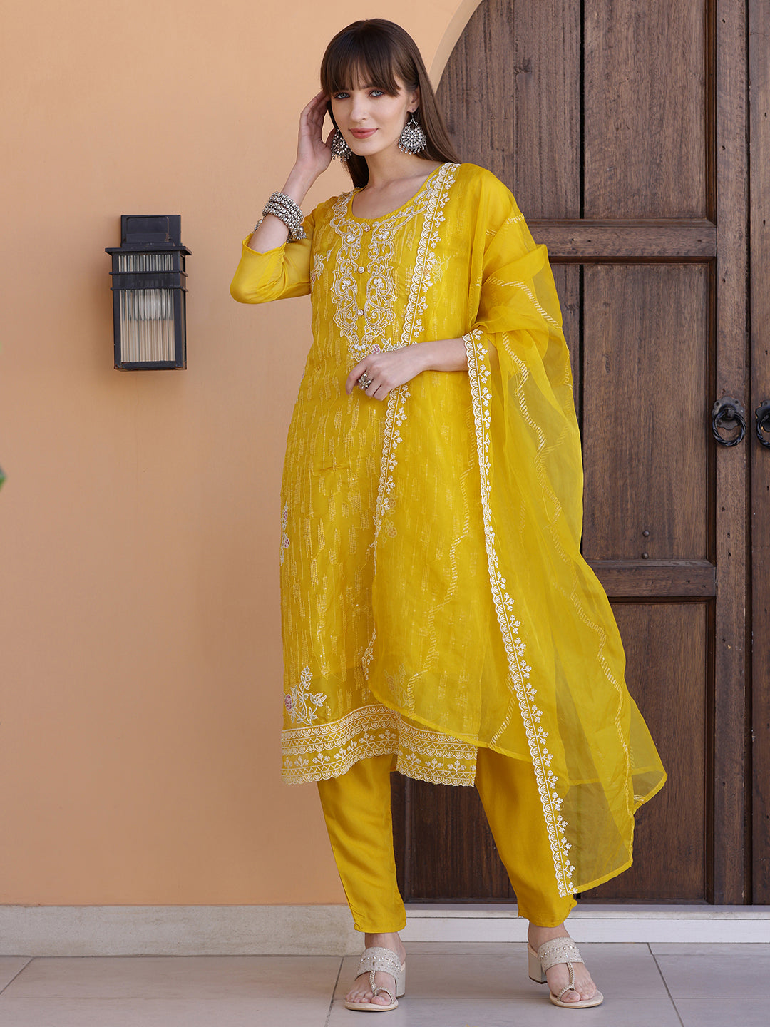 Pakistani Sequined Embroidered Kurta With Pant & Dupatta, Yellow - Hiral Fashion - Distacart