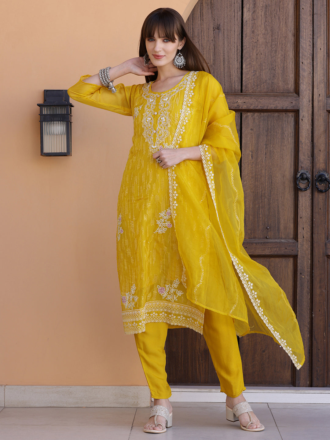 Pakistani Sequined Embroidered Kurta With Pant & Dupatta, Yellow - Hiral Fashion - Distacart