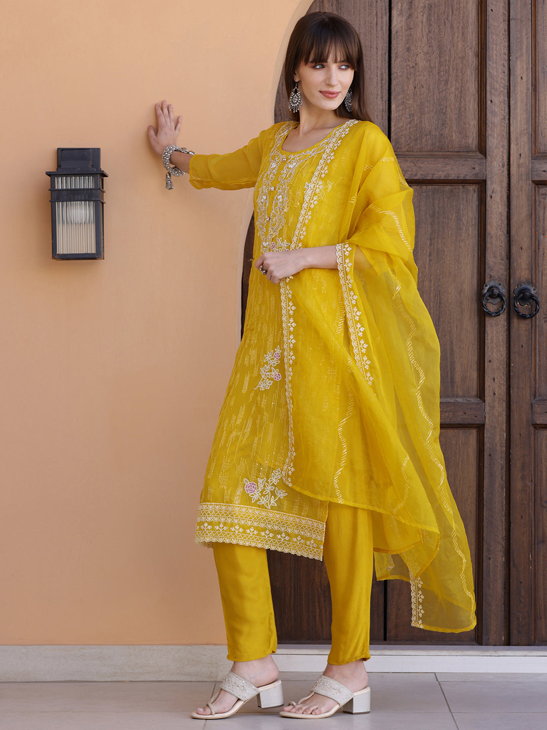 Pakistani Sequined Embroidered Kurta With Pant & Dupatta, Yellow - Hiral Fashion - Distacart