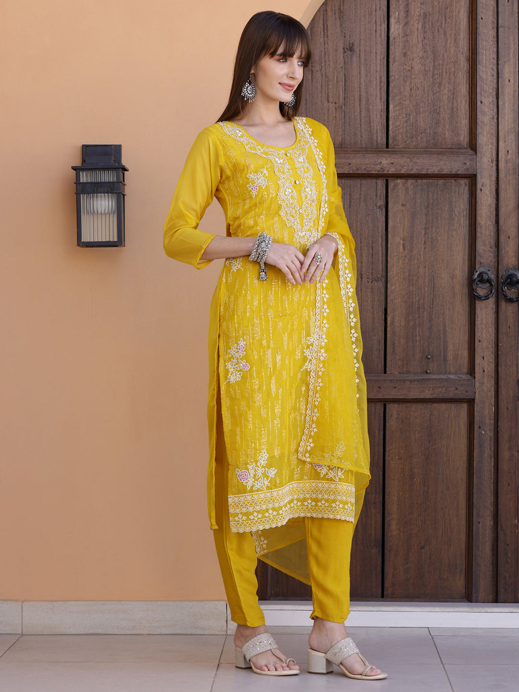 Pakistani Sequined Embroidered Kurta With Pant & Dupatta, Yellow - Hiral Fashion - Distacart