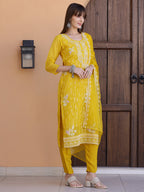 Pakistani Sequined Embroidered Kurta With Pant & Dupatta, Yellow - Hiral Fashion - Distacart