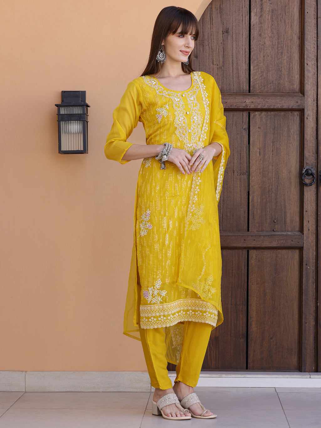 Pakistani Sequined Embroidered Kurta With Pant & Dupatta, Yellow - Hiral Fashion - Distacart